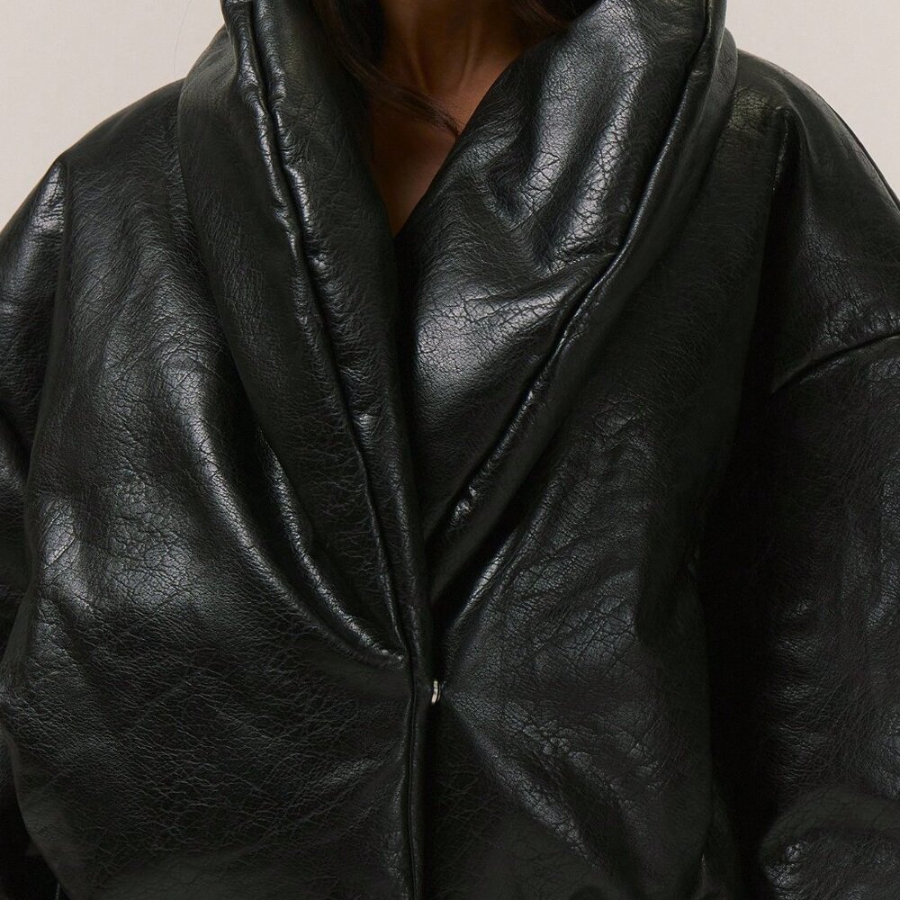 Black Casual Women's Thick Padded Faux Leather Puffer Coat - Picture 6 of 6